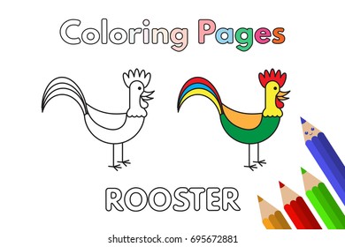 Cartoon rooster illustration. Vector coloring book pages for children