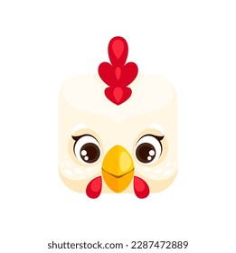 Cartoon rooster kawaii square animal face. Vector farm bird, cock character portrait with eyes and beak. Isolated app button, icon, graphic design element svg