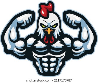 Cartoon rooster mascot with muscle body