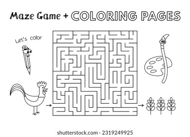 Juego de labranza de gallos de caricatura. Páginas de libros de coloración de vectores para niños