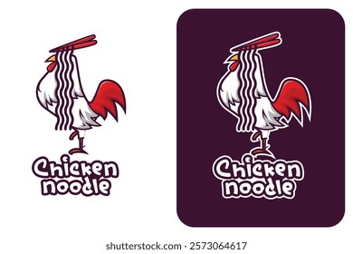 Cartoon Rooster with Noodle Feathers, "Chicken Noodle" Logo, Vibrant, Dynamic, Fun, and Energetic Design