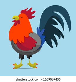 Cartoon rooster on blue background.