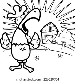 A cartoon rooster on a farm crowing.