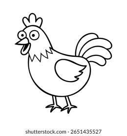 Cartoon rooster with open beak large eyes on chicken bird