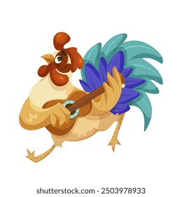 Cartoon rooster playing a guitar. Vector illustration