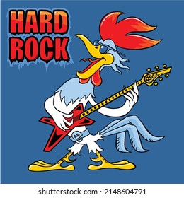 Cartoon rooster plays the electric guitar. HARD ROCK inscription. Colorful vector drawing of a cockerel with a guitar. Cartoon funny rooster performs rock music.