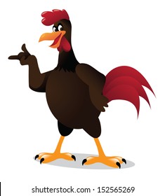 Cartoon rooster points at your message. EPS 10 vector, grouped for easy editing. No open shapes or paths.
