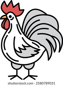 A cartoon rooster with a red beak and a white body. The rooster is standing on two legs and has a white head