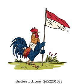 Um galo de desenho animado com pente vermelho e penas de laranja, corpo azul, segurando uma bandeira vermelha e branca em um poste, de pé na grama verde.