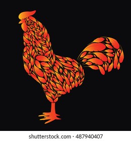 Cartoon Rooster with red fire feathers on a black background . Cock the symbol of 2017.