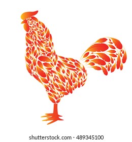 Cartoon Rooster with red fire feathers on a white background. Cock the symbol of 2017.