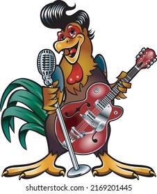 Cartoon rooster in rockabilly style holding guitar and microphone