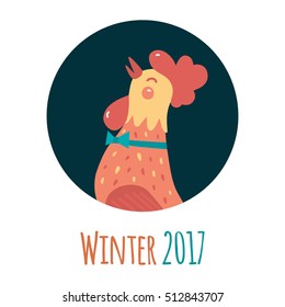 Cartoon rooster in round frame. Symbol of the year. Winter flat illustration.White  background.