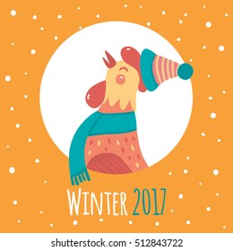 Cartoon rooster in round frame. Symbol of the year. Winter flat illustration.Yellow gradient background.