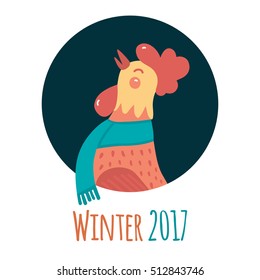 Cartoon rooster in round frame. Symbol of the year. Winter flat illustration.White  background.