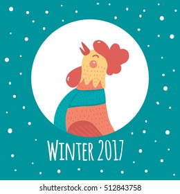 Cartoon rooster in round frame. Symbol of the year. Winter flat illustration.Blue gradient background.