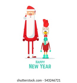 Cartoon Rooster and Santa Claus. Christmas characters for design.