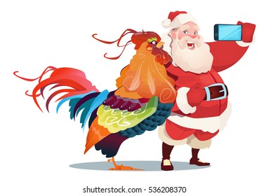 Cartoon Rooster And Santa Clause Making Selfie Photo On Smart Phone Happy 2017 New Year Flat Vector Illustration