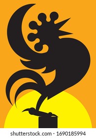 A cartoon rooster in silhouette is crowing at the sunrise
