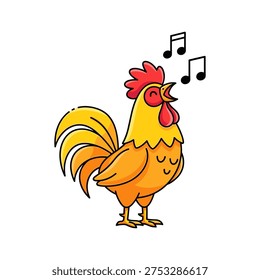 A cartoon rooster singing with musical notes