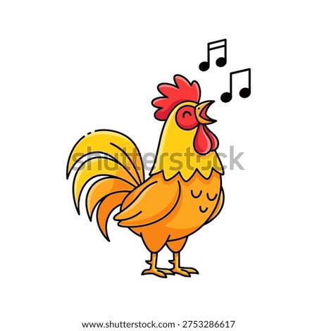 A cartoon rooster singing with musical notes