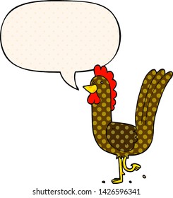 cartoon rooster with speech bubble in comic book style