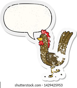 cartoon rooster with speech bubble distressed distressed old sticker