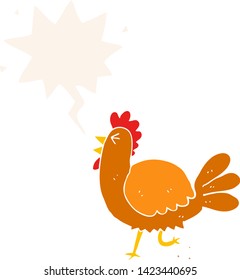 cartoon rooster with speech bubble in retro style
