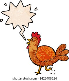 cartoon rooster with speech bubble in retro texture style
