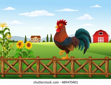 Cartoon rooster standing on the fence with farm background