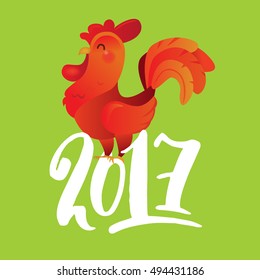 Cartoon rooster stands on 2017 figures, vector illustration symbol of the year 2017 on the Chinese calendar