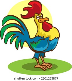 Cartoon rooster stands on one leg, vector illustration
