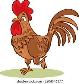 Cartoon rooster stands on one leg, vector illustration