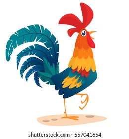 Cartoon rooster stands on one leg, vector illustration symbol of the year 2017 on the Chinese calendar