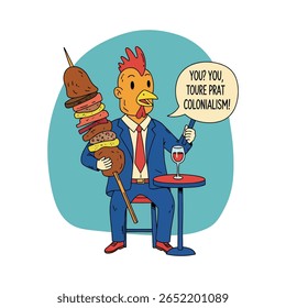 Galo de desenhos animados em um terno, segurando um grande espeto de vários alimentos, senta-se em uma mesa, com uma bolha de discurso criticando o colonialismo.