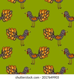 Cartoon rooster, turkey. Bird in doodle style seamless pattern. Farm animal background. 