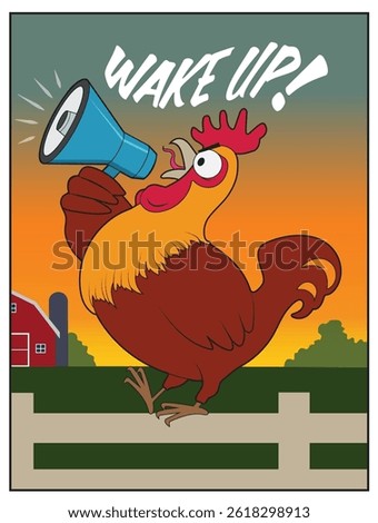 A cartoon rooster uses a megaphone.