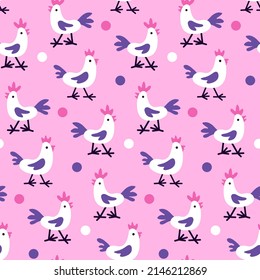 Cartoon roosters for baby print. Farm pattern with cute birds. Pink animals seamless wallpaper for kindergarten decor. Fabric for goods for newborn. Nice infant textile for girl. Childish illustration