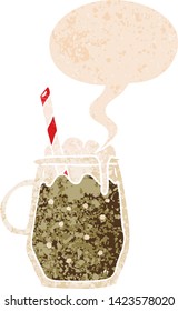 cartoon root beer with speech bubble in grunge distressed retro textured style