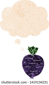 cartoon root vegetable with thought bubble in grunge distressed retro textured style