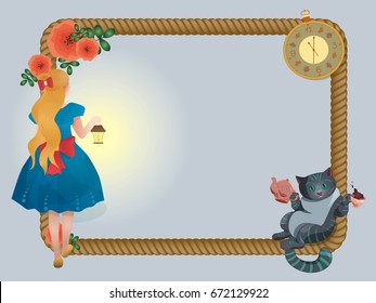 Cartoon rope frame Alice in Wonderland with cheshire cat, watch, girl and roses. Vector illustration.