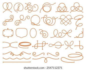 Nudos de cuerda de dibujos animados. Cordón trenzado piezas de cuerda Elementos, bucle lazo hilo cable cuerdas nudo náutico nudo lazo doblar nudo forma trenzada barco marino, conjunto elegante Ilustración vectorial obra de arte original