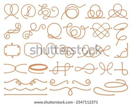 Cartoon rope knots. Cord braided string pieces elements, loop lasso thread cable cords nautical knot node tie bend noose twisted shape marine ship, set swanky vector illustration original artwork