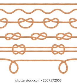 Cartoon rope pattern. Straight string border, fiber cord curve with nautical knot thread cable rough shape connection hanging twisted strings isolated swanky vector illustration original artwork