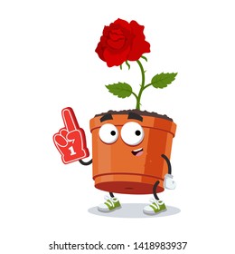 cartoon rose flower in a pot character mascot with the number 1 one sports fan hand glove on a white background