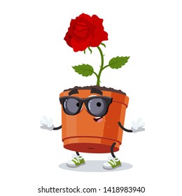 cartoon rose flower in a pot character mascot in black sunglasses on a white background