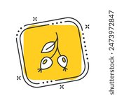 Cartoon rose hip icon vector illustration. Berries on isolated yellow square background. Rosehip sign concept.