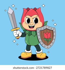 Dibujos animados Rose Knight con espada y escudo