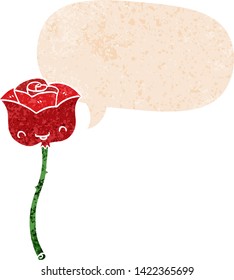 cartoon rose with speech bubble in grunge distressed retro textured style
