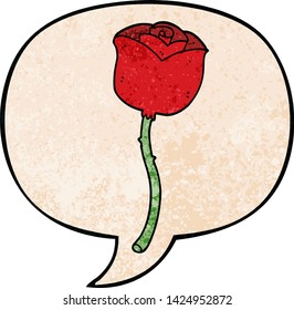 cartoon rose with speech bubble in retro texture style